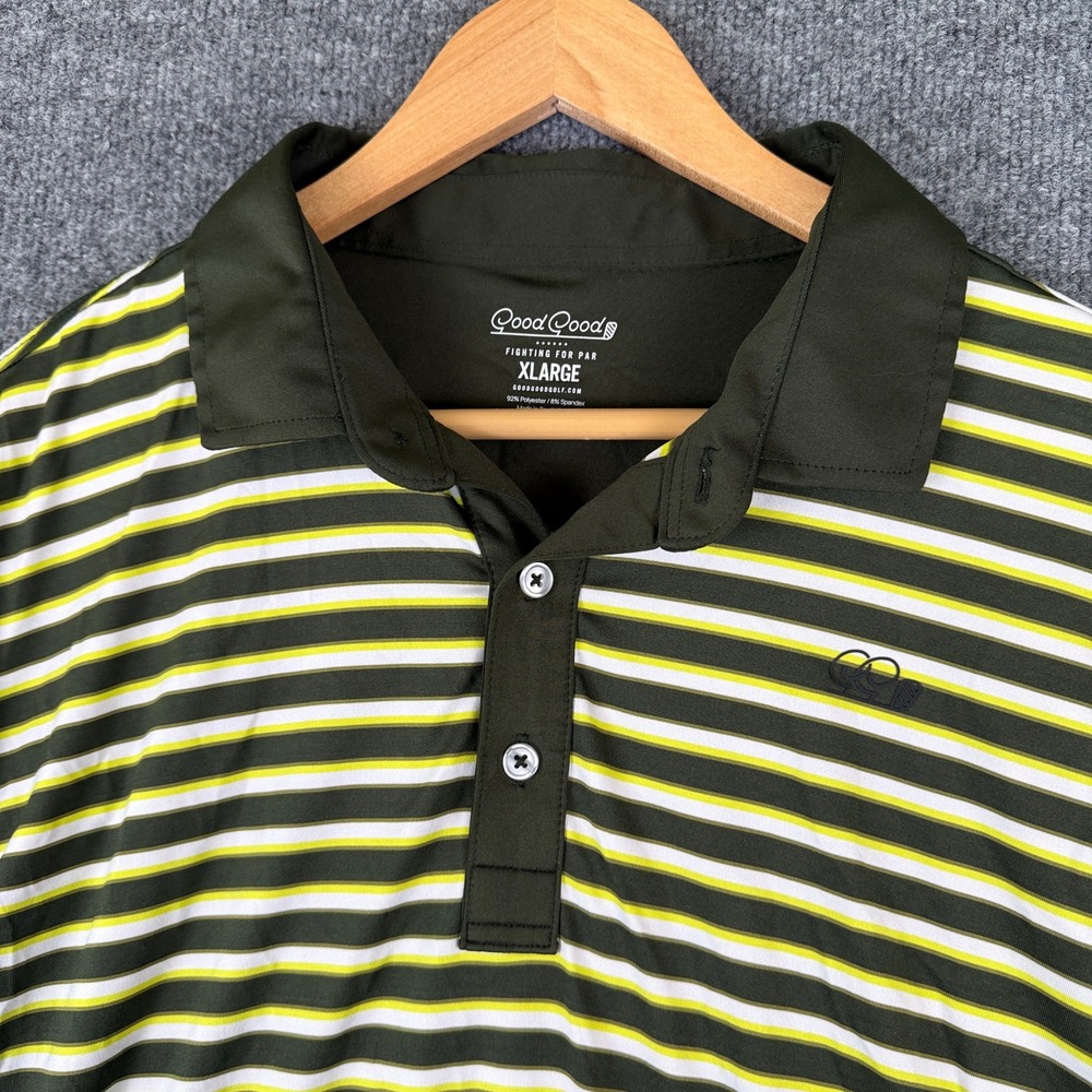 Good Good Golf Polo Shirt Mens XL Green White Yellow Striped Short Sleeve